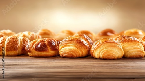 A golden-brown flaky croissant freshly baked and still warm, sits invitingly on a rustic wooden table, ready to be enjoyed photo