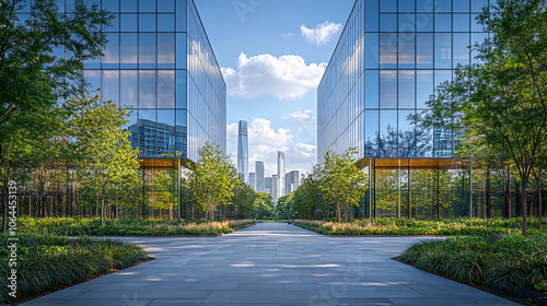 Eco-friendly building in the modern city. Sustainable glass office building with tree for reducing heat and carbon dioxide. Office building with green environment. Corporate building reduce CO2. 