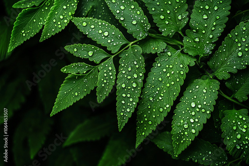 Close-up of green leaves with raindrops, showcasing nature's beauty, on a dark background.