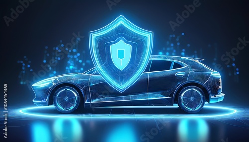 A futuristic car surrounded by a glowing shield, symbolizing advanced protection and security in the automotive industry. photo