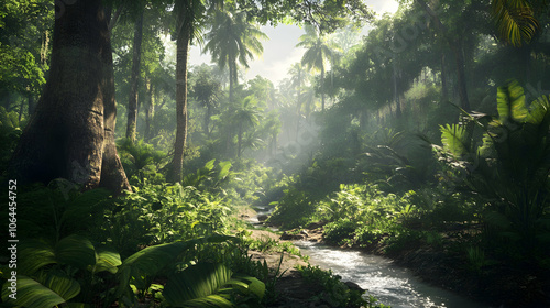 Sunlight streams through the canopy of a lush tropical rainforest, illuminating a small stream that winds its way through the dense foliage.