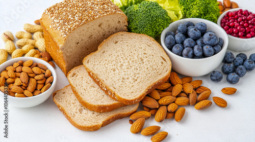 High fiber healthy food concept with wholegrain bread and rolls, nuts, seeds, fruit, vegetables and grains with foods high in antioxidants, omega 3 fatty acids, anthocyanins and vitamins. Top view photo