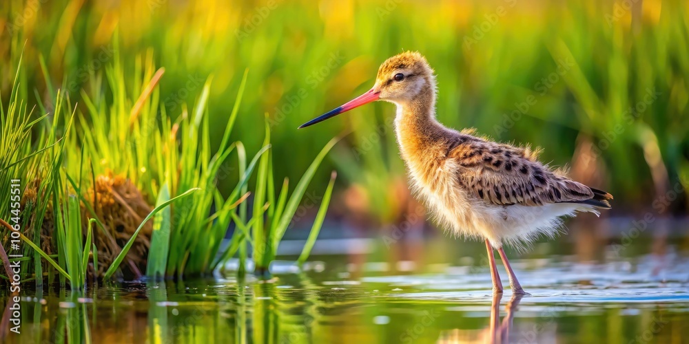Captivating moment of a Black-tailed Godwit chick in its natural habitat, emphasizing the role of wetlands in conservation and the joy of birdwatching. Captivating moment of a Black-tailed Godwit chick in its natural habitat, emphasizing the role of wetlands in conservation and the joy of birdwatching.