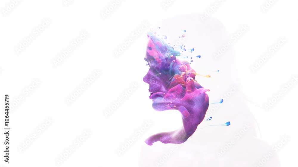 Fototapeta premium Art portrait. Inner beauty. Purple blue ink swirl in female head silhouette double exposure isolated on white copy space background.