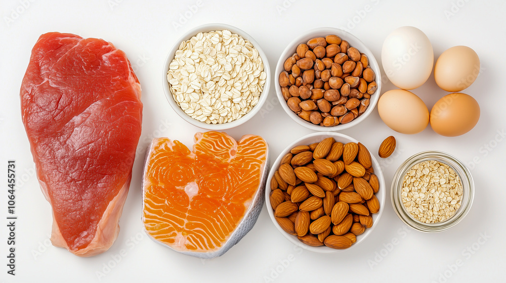High protein food as meat, fish, dairy, eggs, buckwheat, oatmeal, nuts, bean, pumpkin seed and sunflower seed. Top view High protein food as meat, fish, dairy, eggs, buckwheat, oatmeal, nuts, bean, pumpkin seed and sunflower seed. Top view