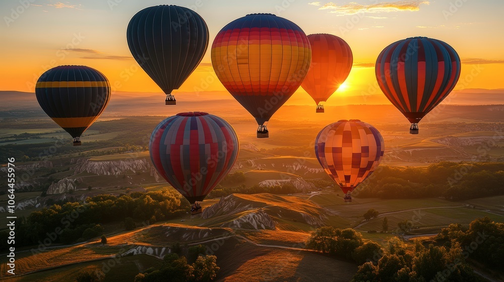 Naklejka premium Colorful Hot Air Balloons at Sunrise Over Landscape