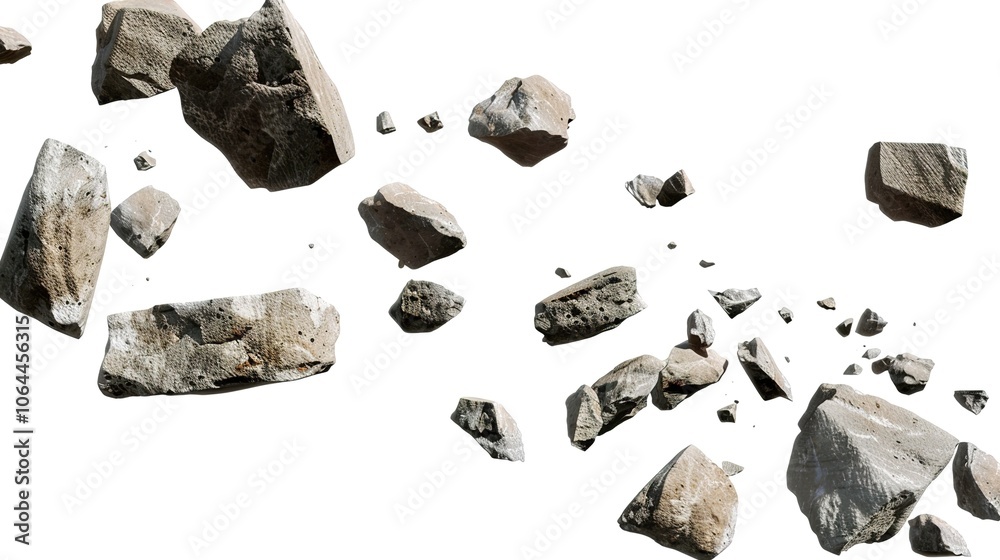 Naklejka premium Isolated falling rocks on a white background create a dramatic and textured scene. A captivating display of natural elements against a pure backdrop.