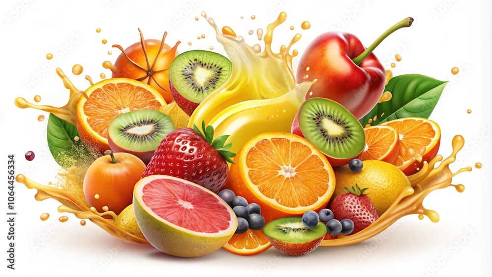 Naklejka premium Realistic fruits juice splash burst composition