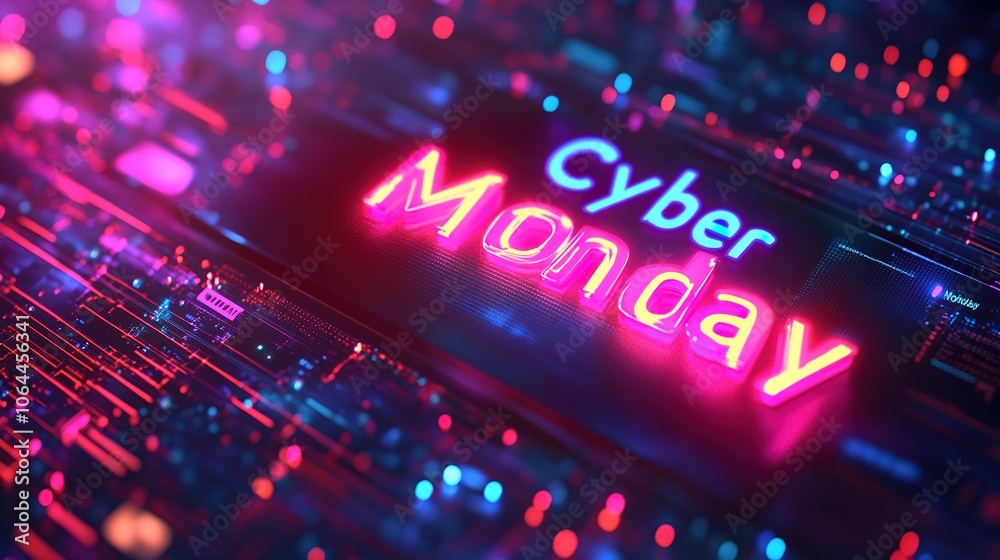 Neon Cyber Monday sign on circuit board background Neon Cyber Monday sign on circuit board background