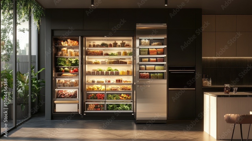 Modern Kitchen Refrigerator with Fresh Produce Display Modern Kitchen Refrigerator with Fresh Produce Display