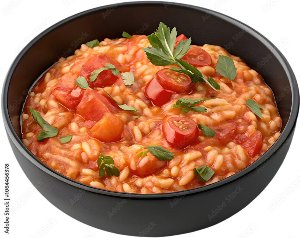 Delicious Risotto featuring creamy rice, mushrooms, and aromatic herbs and spices. 