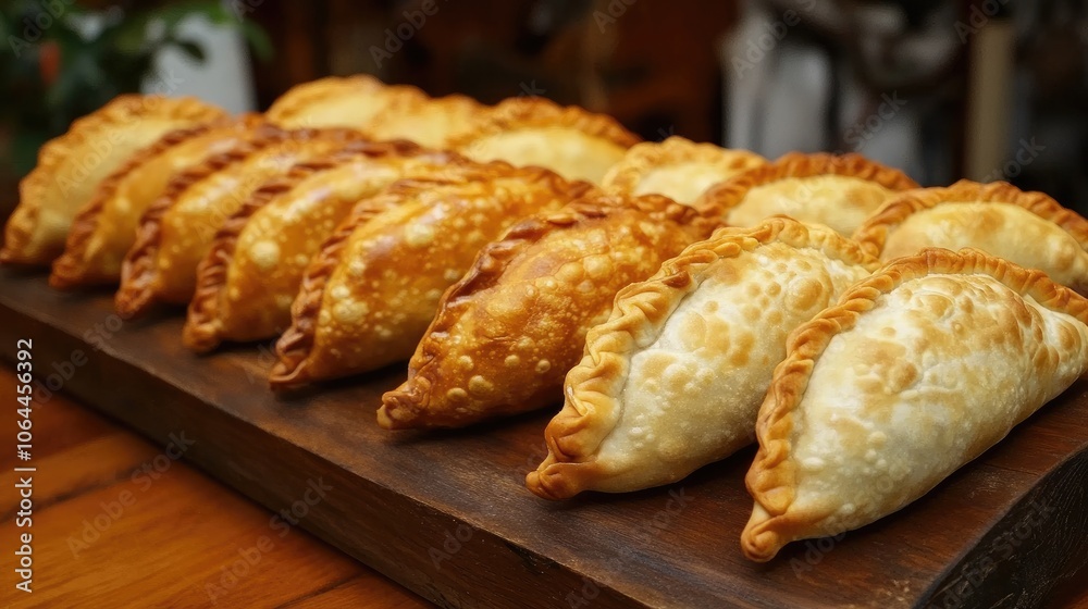 Golden Savory Pastries on Wooden Platter Golden Savory Pastries on Wooden Platter