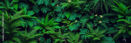 A lush carpet of bright green tropical leaves covering the forest floor with ferns and wildflowers, foliage patterns, background