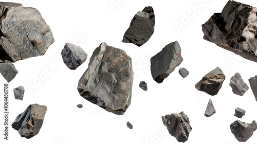 Isolated falling rocks on a white background create a dramatic and textured scene. A captivating display of natural elements against a pure backdrop.
