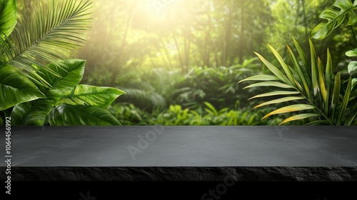 Fototapeta Naklejka Na Ścianę i Meble -  Sleek black table against a vibrant jungle backdrop, ideal for product displays and natureinspired designs