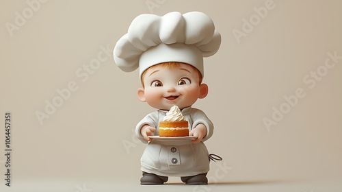 Cute Cartoon Chef Holding a Plate of Cake photo