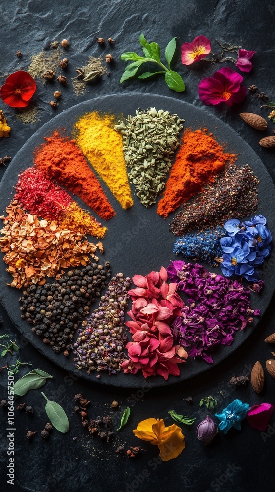 Fototapeta premium Culinary Color Wheel: Spices and Edible Flowers in Harmony