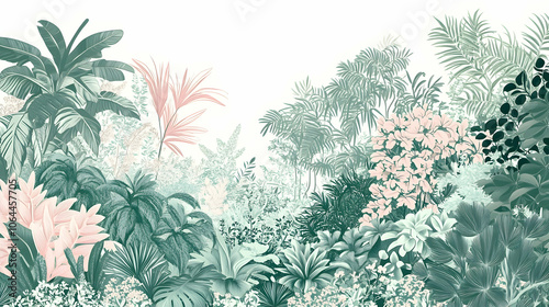 Lush tropical foliage in a vibrant green and pink color scheme, creating a sense of tranquility and serenity.