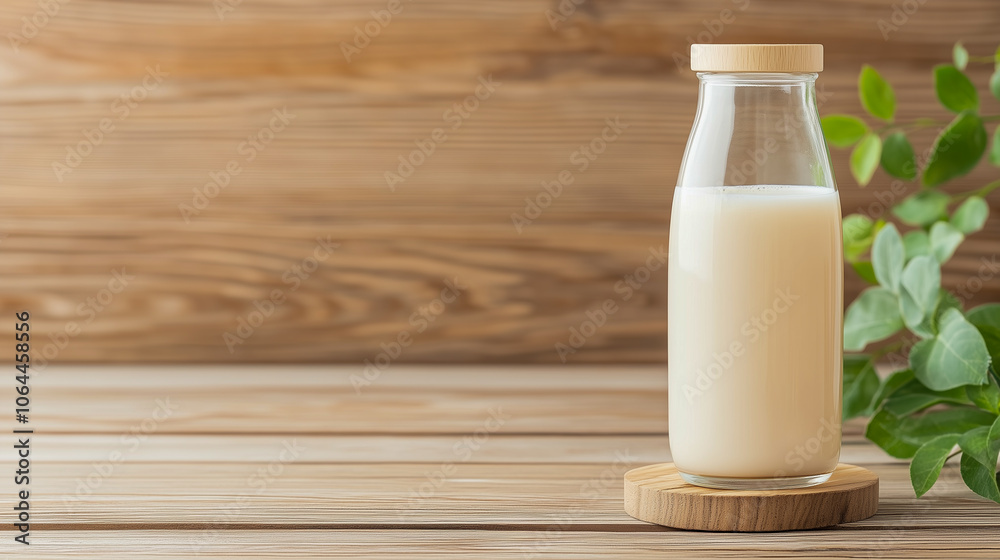 Kefir, milk or Turkish Aryan drink are poured into a glass cup from a bottle. A glass stands on a wooden stand on a rustic wooden table. Place for text Kefir, milk or Turkish Aryan drink are poured into a glass cup from a bottle. A glass stands on a wooden stand on a rustic wooden table. Place for text