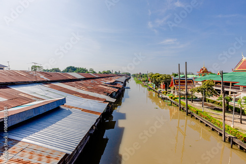 Wallpaper Mural Background of high angle view from wooden bridge in community market area crossing canal at tourist attraction, community lifestyle of people living together in a mutually beneficial way. Torontodigital.ca