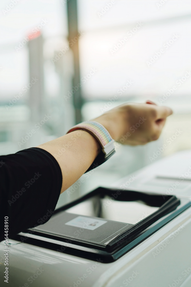 Naklejka premium Seamless Travel Experience: Accessing Digital Check-In with Smart Wristband