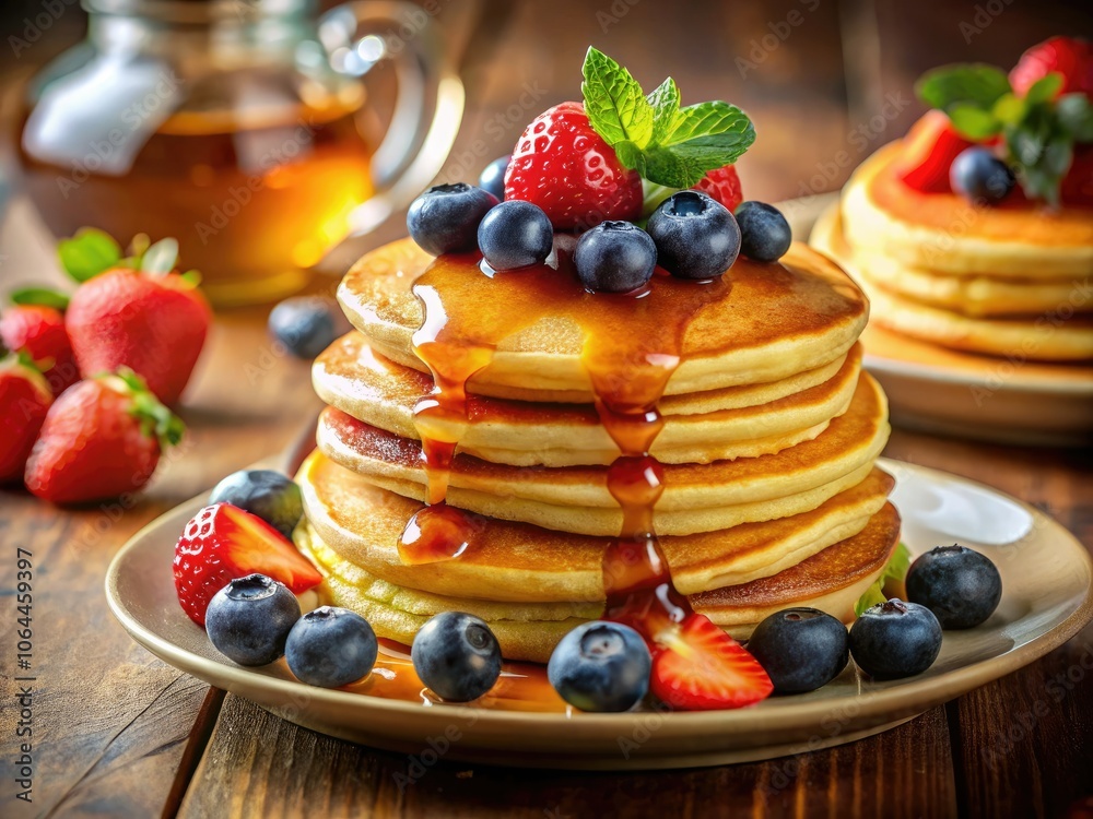 Delicious Pancakes with Maple Syrup and Fresh Berries - Perfect Breakfast Delight Delicious Pancakes with Maple Syrup and Fresh Berries - Perfect Breakfast Delight