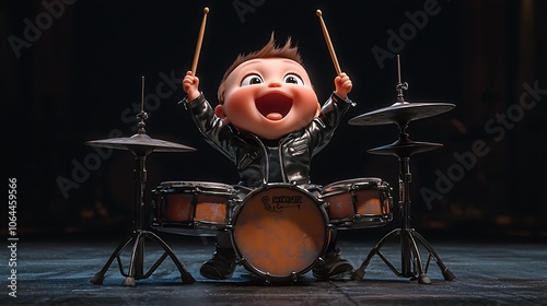 Cute Baby Drummer Playing Drums Music Instrument Cartoon