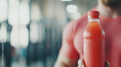 A close-up of a bright red sports drink bottle held by an athlete with visible sweat, the label highlighting added carbohydrates for quick energy release. The scene captures the athlete post-workout, photo