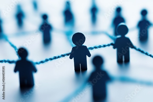 Abstract representation of networking with blue figures connected by chains, highlighting community and collaboration.