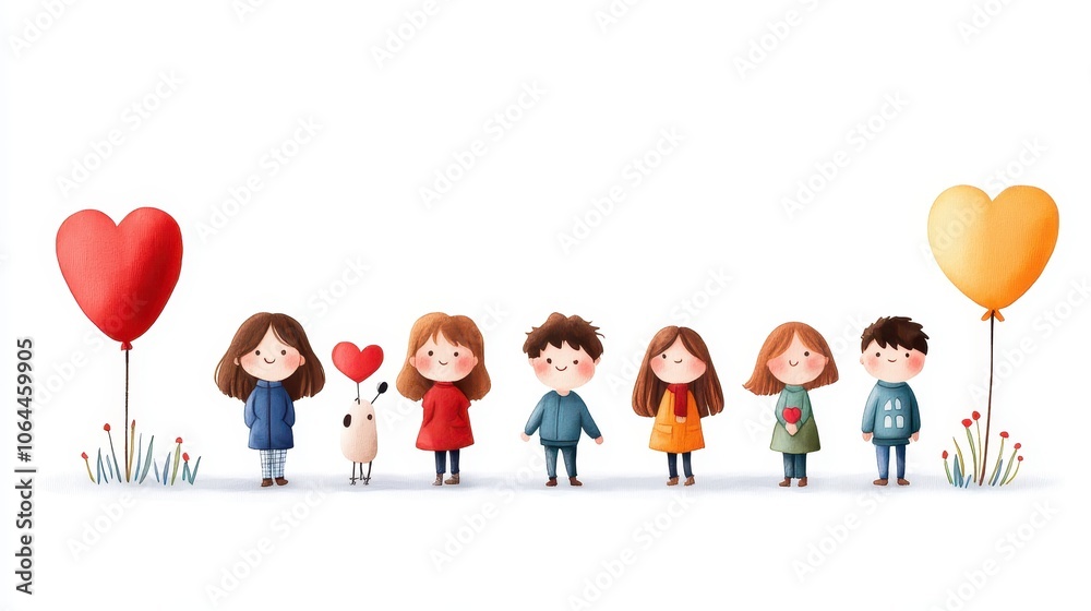 Colorful cartoon characters holding heart balloons in a cheerful scene on a white background.