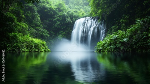 Tropical Waterfall in Lush Jungle Landscape
