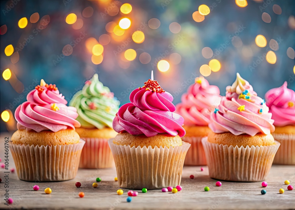 Delight in irresistible cupcakes topped with creamy pink buttercream frosting and vibrant sprinkles, perfect for satisfying your cravings for delicious desserts and sweet treats.