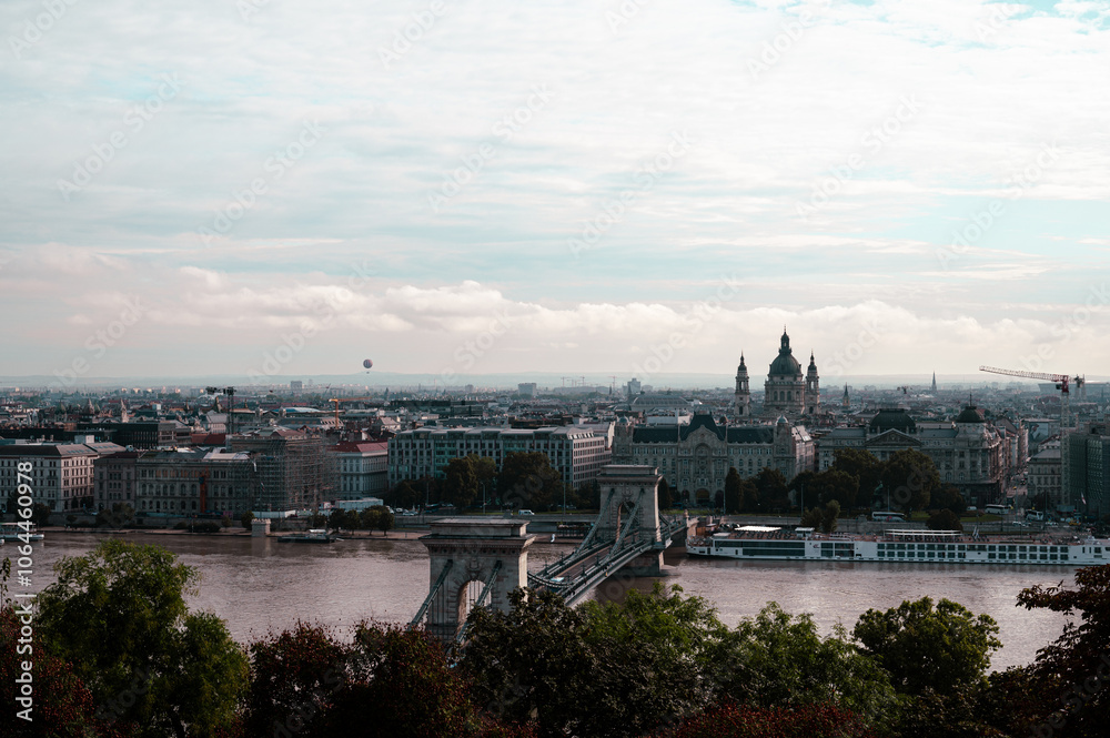 Budapest downtown - drone aerial photo of the Hungarian capital. Buda and Danube river at sunrise. Aerial drone view of the Budapest city. Drone view of the capitol city Budapest.