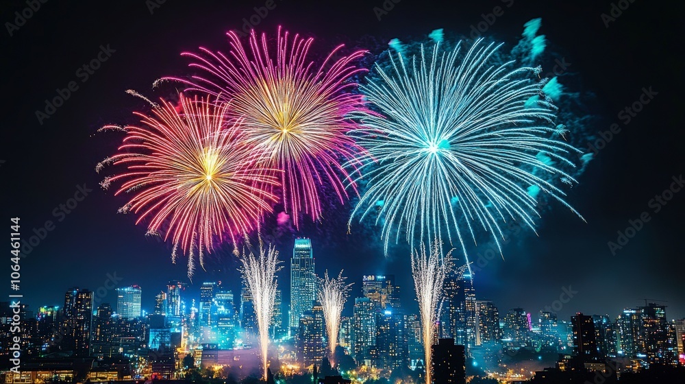 Spectacular Fireworks Over City Skyline at Night Spectacular Fireworks Over City Skyline at Night