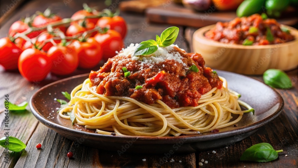 Classic Tomato Bolognese Pasta Dish - Macro Photography of Vertical Angle View Classic Tomato Bolognese Pasta Dish - Macro Photography of Vertical Angle View