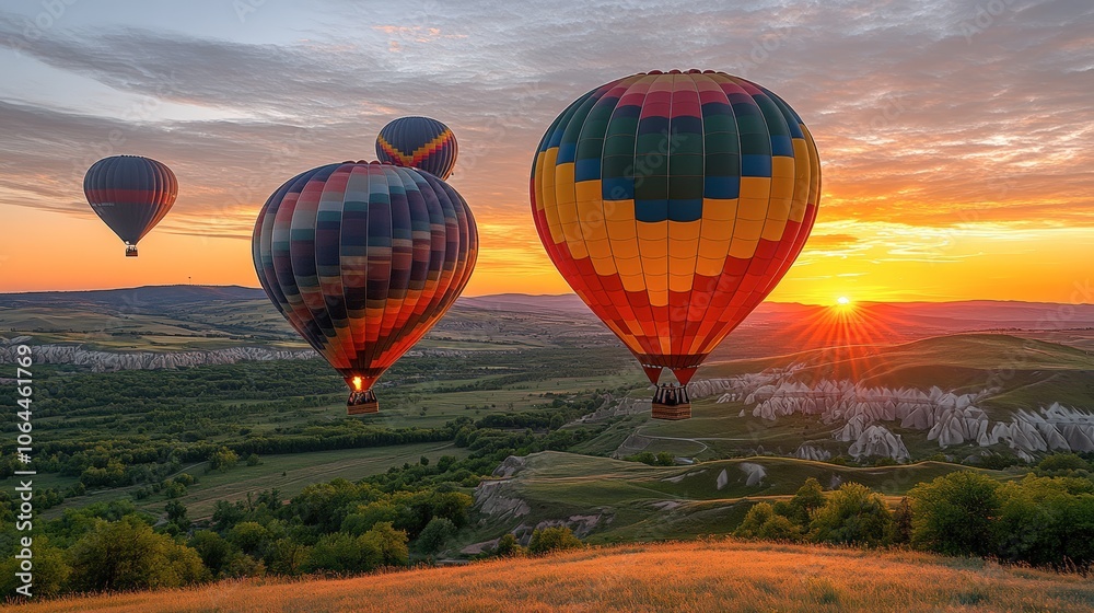 Obraz premium Colorful Hot Air Balloons at Sunrise Over Landscapes