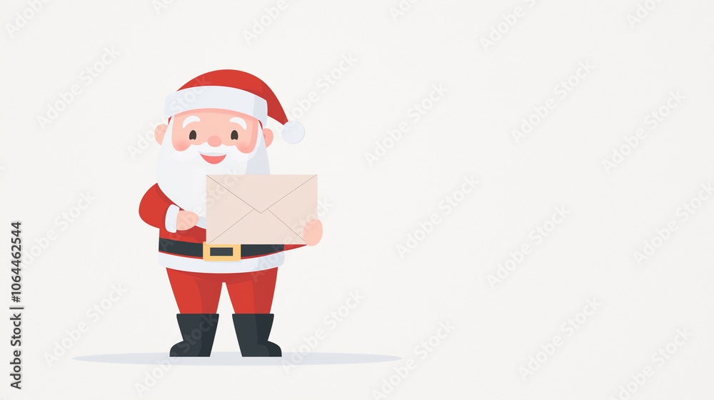 Santa's Mail: A cheerful cartoon Santa Claus holds an envelope with a big smile, ready to deliver Christmas cheer. The background is a simple, festive, light gray. Santa's Mail: A cheerful cartoon Santa Claus holds an envelope with a big smile, ready to deliver Christmas cheer. The background is a simple, festive, light gray.