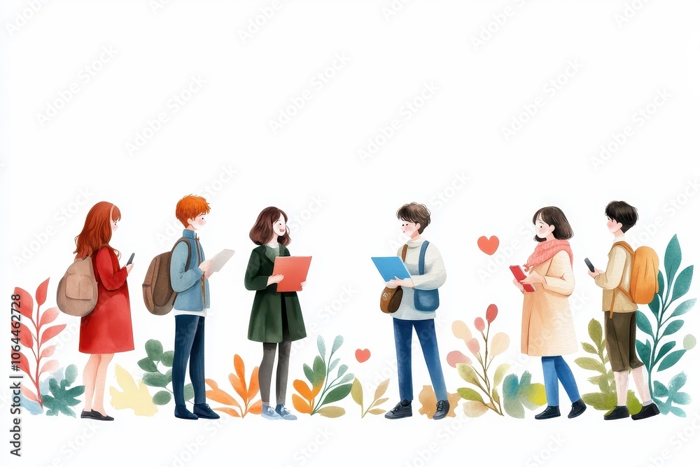 Young people interacting, surrounded by colorful foliage, cheerful and engaged in conversation, white isolated background. Young people interacting, surrounded by colorful foliage, cheerful and engaged in conversation, white isolated background.