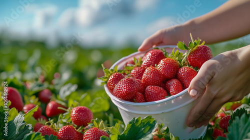 Mature woman putting strawberries in bucket at field photo