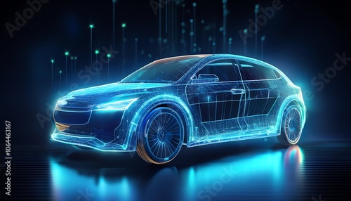 A futuristic, illuminated car design glows with a blue digital aesthetic, symbolizing technology and innovation in automotive engineering.