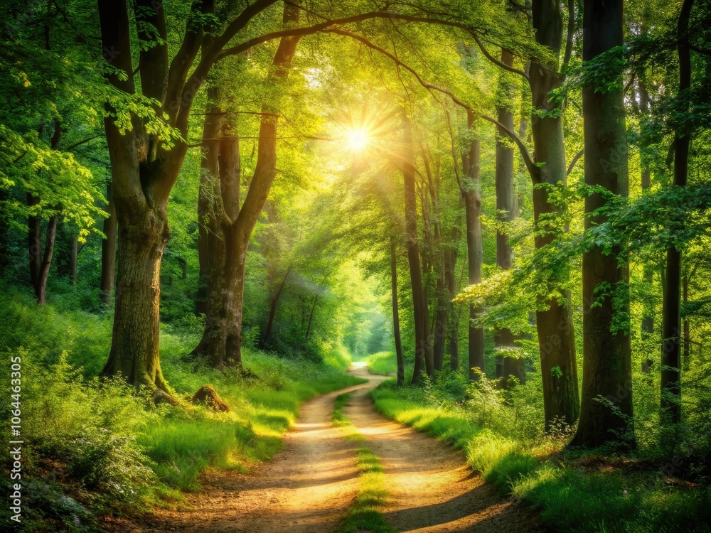 Fototapeta premium Discover tranquil trails amidst lush foliage and stunning natural beauty, creating perfect opportunities for nature enthusiasts and outdoor adventurers in a serene woodland environment.