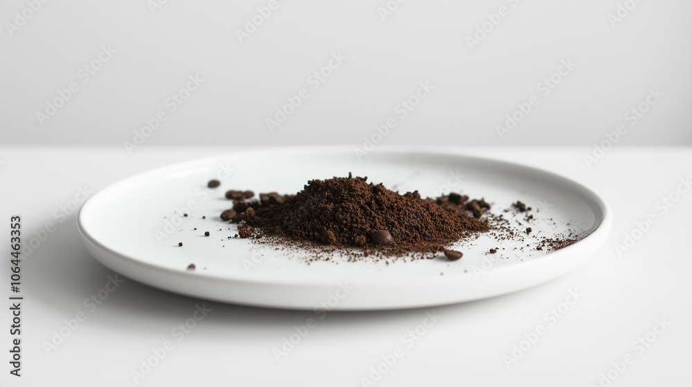 Small pile of scattered coffee grounds on a plain white plate, hinting at food waste with a minimalist aesthetic Small pile of scattered coffee grounds on a plain white plate, hinting at food waste with a minimalist aesthetic