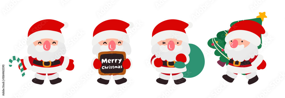 Santa Claus Set with Candy, Gifts, and Christmas Tree in Flat Doodle Style Vector Illustration Santa Claus Set with Candy, Gifts, and Christmas Tree in Flat Doodle Style Vector Illustration