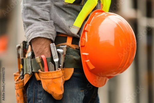 A close-up shot of a construction worker holding an orange hard hat at a job site. The worker's photo