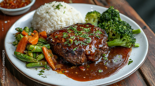 Delicious hamburger steak with demi-glace sauce photo