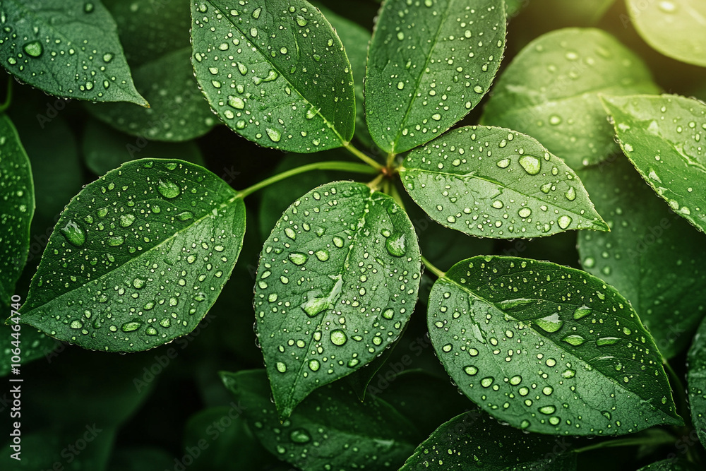 Green leaves adorned with water droplets, nature's fresh detail and splendor. Green leaves adorned with water droplets, nature's fresh detail and splendor.