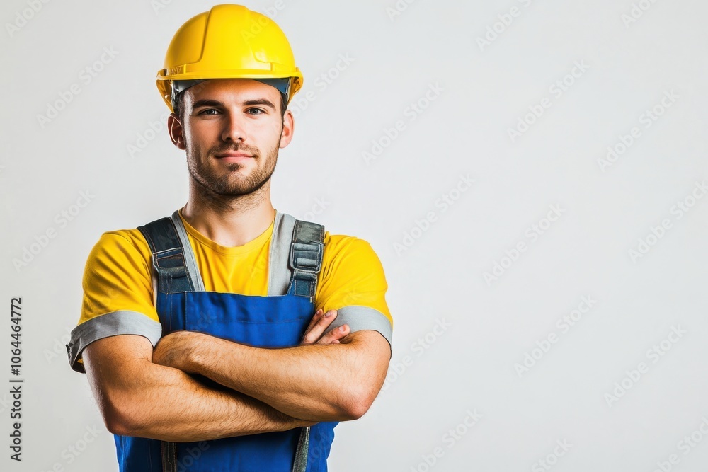 A construction worker wearing a yellow hard hat and blue overalls stands confidently with his arms