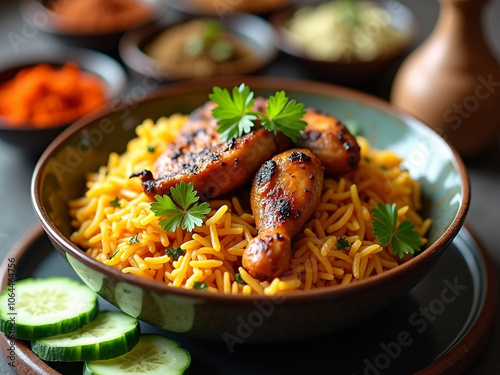 Bowl of Delicious Chicken Biryani with Attractive Garnish, Authentic Indian Cuisine. 