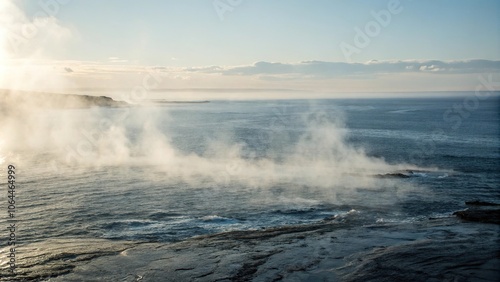 A misty veil rises from the ocean's surface, atmospheric lighting, serene environment, soft focus photography, natural scenery, subtle color gradations