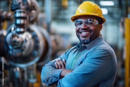 A factory worker wearing a hard hat and safety glasses smiles confidently with his arms crossed